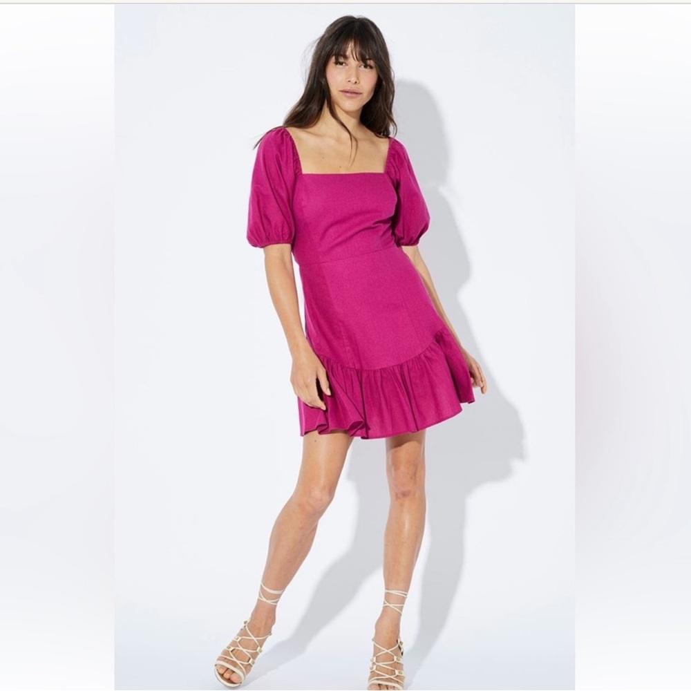 NWT Minkpink fuschia hot pink linen Freshwater Puff Sleeve mini Dress